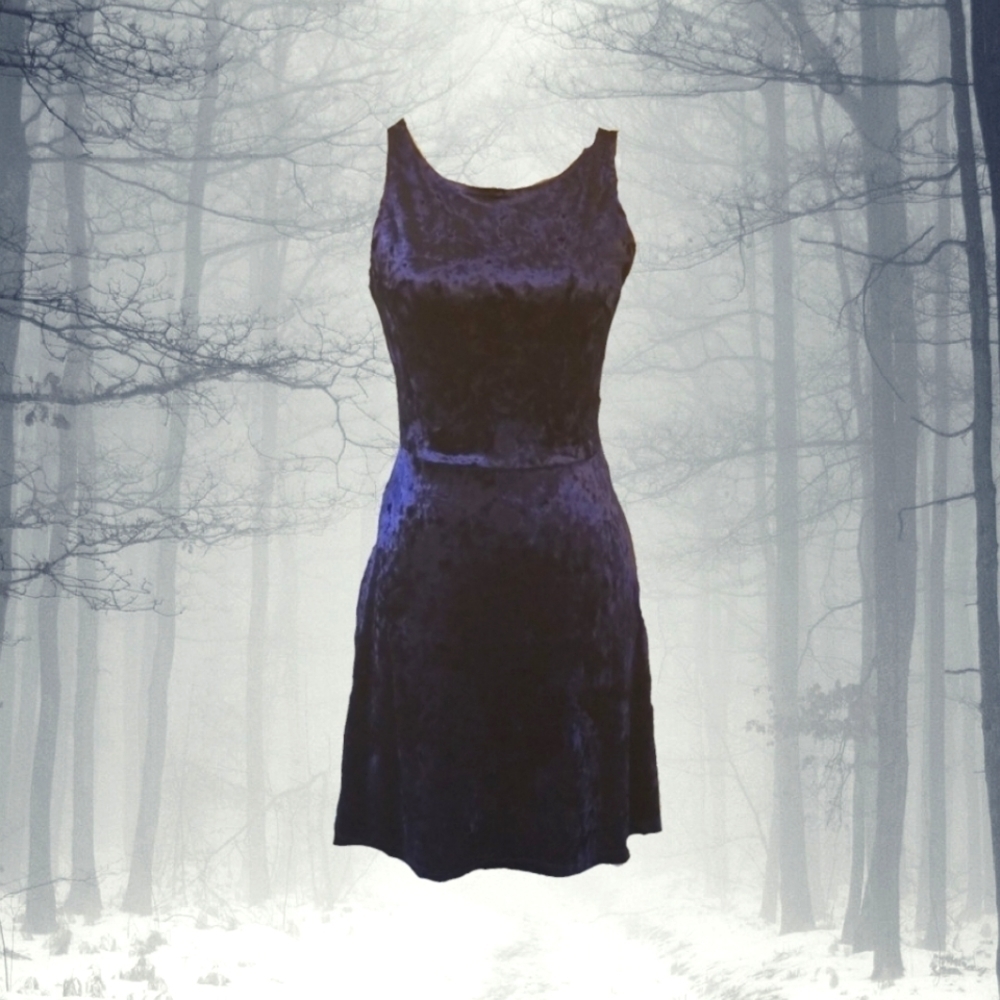 H&M Divided Dark Navy Blue Velvet Burnout Velour Mini Dress Whimsigoth Goth, 6
